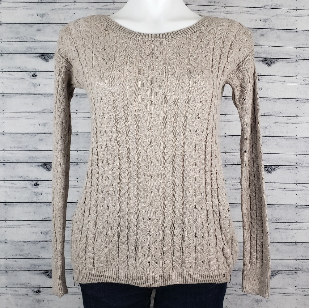 American Eagle Tan Cable Knit Side Zip Sweater